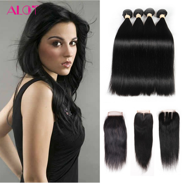 Brazilian Hair Bundles Straight Hair Weaves 4 Bundles with Closure Natural Color 100% Unprocessed Brazilian Human Hair Lace Closure