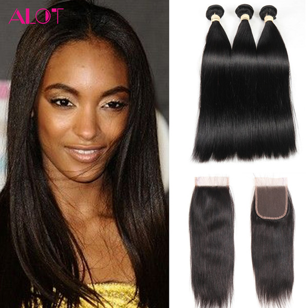 Brazilian Hair Bundles Straight Virgin Hair with Closure 3 Bundles With 4x4 Lace Closure Remy Human Hair Extenssions Free Middle 3Part