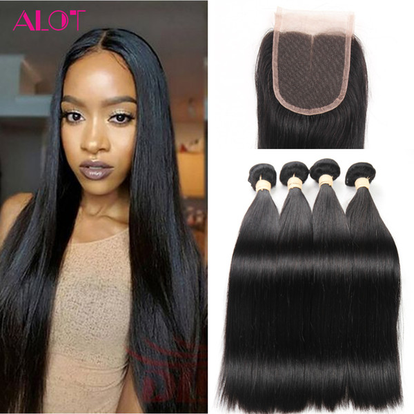 Brazilian Straight Hair Weaves 4Pcs with Top Lace Closure Unprocessed Malaysian Peruvian Indian Virgin Human Hair Extensions Remy Hair Wefts