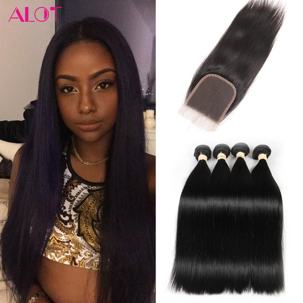 Brazilian Straight Hair 4 Bundles with Lace Closure Unprocessed Malaysian Peruvian Indian Lace Closure Grade 8A Virgin Human Hair Extensions