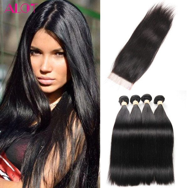 Straight Malaysian Human Hair Bundle with Closure 4 Bundles Malaysian Hair Products With Closure Malaysian Human Hair Bundles With Closure