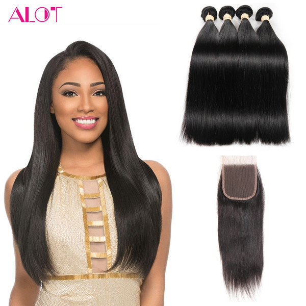 Brazilian Bundles with Closure Unprocessed 4 Bundles Straight Virgin Hair with Closure 4x4 Natural Color Brazilian Human Hair Lace Closure