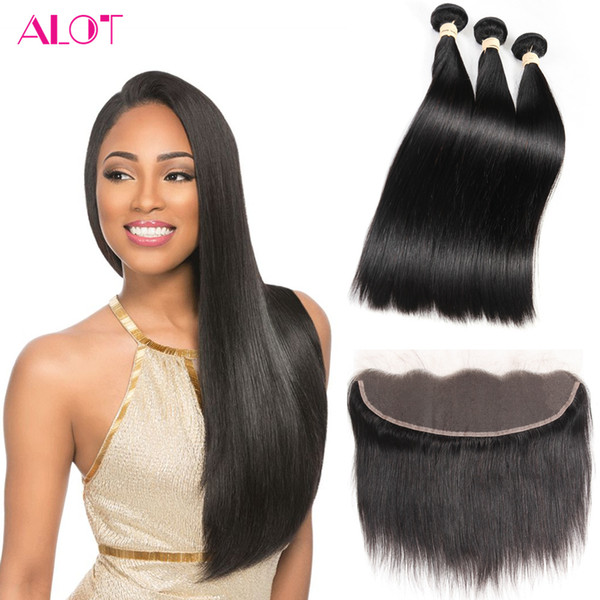 Brazilian Human Hair Bundles with Frontal Natural Color Straight Hair Weaves 13x4 Lace Frontal and Bundles 3Pcs Cheap Hair Extensions