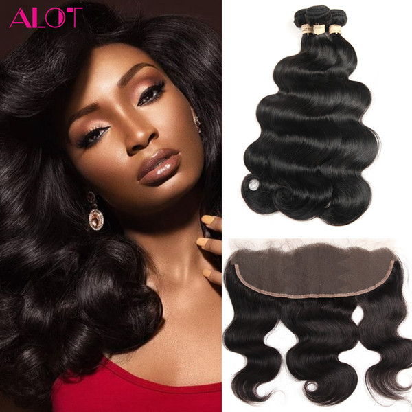 Brazilian Human Hair Bundles with Frontal Body Wave Ear to Ear 13x4 Frontal and Bundles 3Pcs Natural Color Cheap Hair Extensions