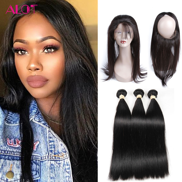 Brazilian Straight Human Hair Weave Bundles 360 Lace Frontal Closure with Bundles Brazilian Virgin Hair Straight 3 Bundles with 360 Frontal