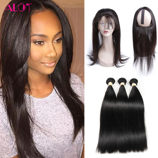 360 Lace Frontal with Bundles Brazilian Straight Hair 3 Bundles with 360 Lace Frontal 100% Unprocessed Natural Color Human Hair Extensions