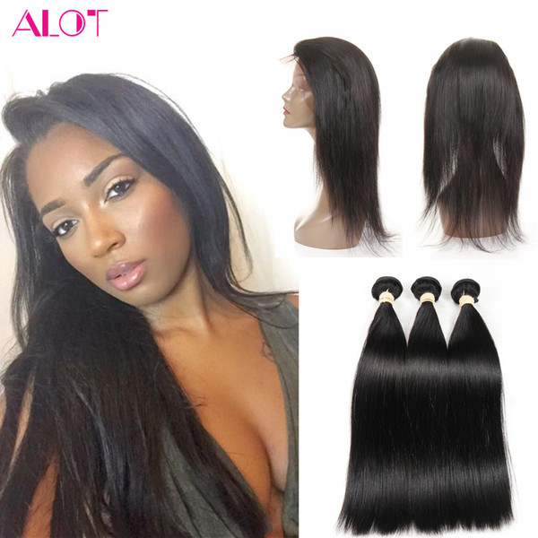 Brazilian Straight Hair 360 Lace Frontal with Bundles 3Pcs Human Hair Bundles 100% Unprocessed 360 Lace Frontal Closure with Bundles