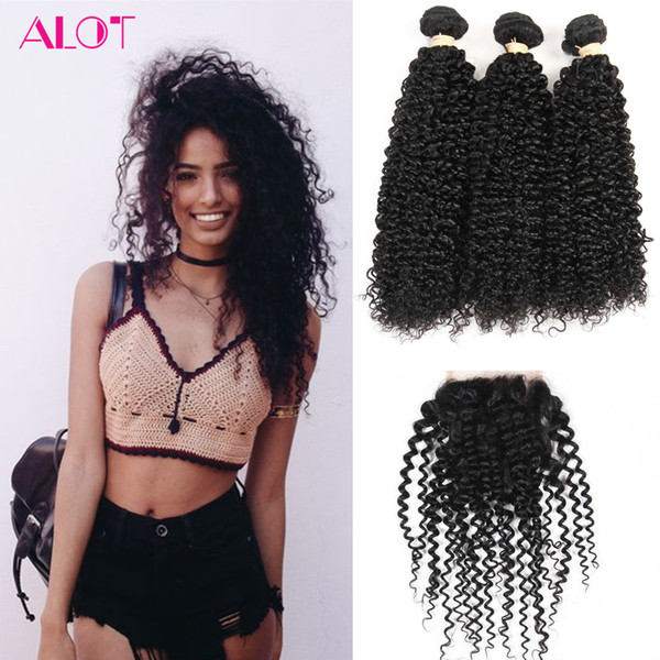 Brazilian Virgin Human Hair Bundles Kinky Curly Hair 3 Bundles with Closure 100% Unprocessed Remy Human Hair Extensions