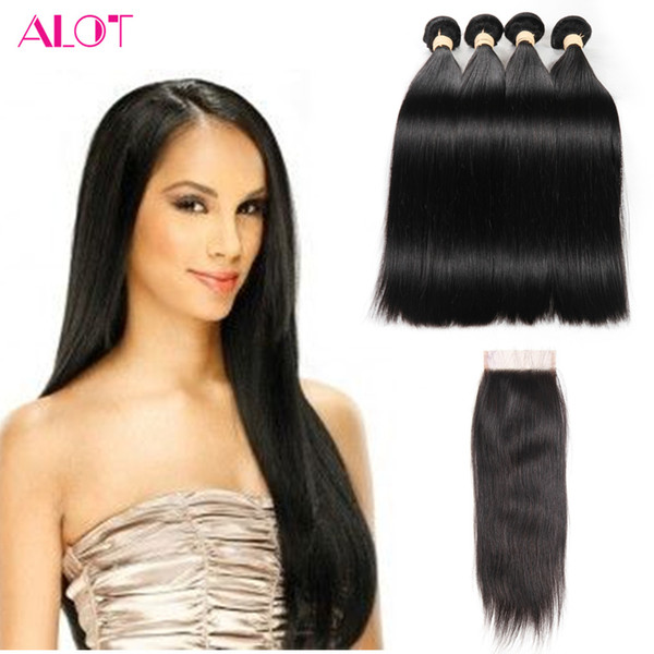 Brazilian Straight Bundles Unprocessed 4Pcs Brazilian Bundles with Closures Natural Color Brazilian Virgin Human Hair Lace Closure