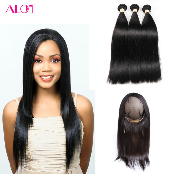 Raw Indian Hair 3 Bundles Straight Hair Weaves 360 Lace Frontal with Bundles Natural Color 100% Unprocessed Remy Human Hair Bundles