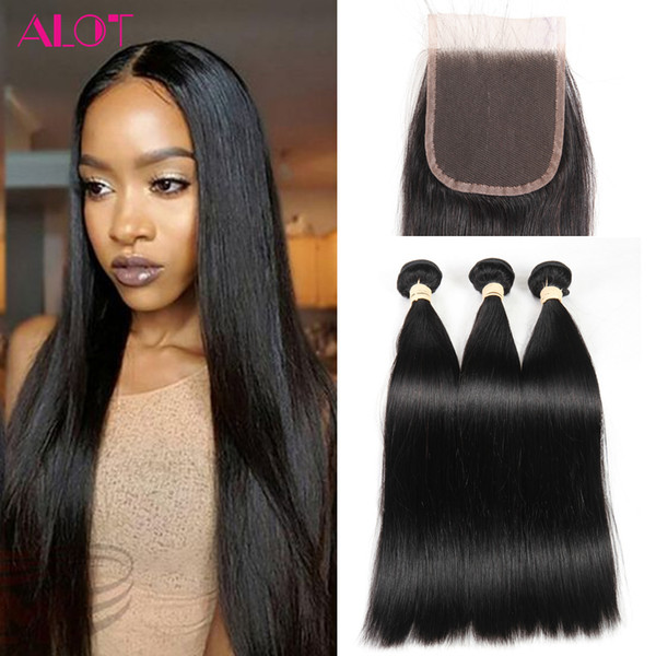 Straight Lace Closure with Hair Bundles 3Pcs Unprocessed Malaysian Peruvian Indian Virgin Human Hair Extensions Brazilian Straight Hair