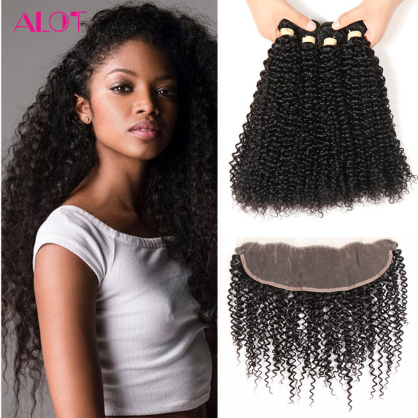 ALOT Brazilian Virgin Hair with Frontal Kinky Curly Cheap Human Hair Bundle 100% Virgin Human Hair 4 Bundles With 13x4 Lace Frontal