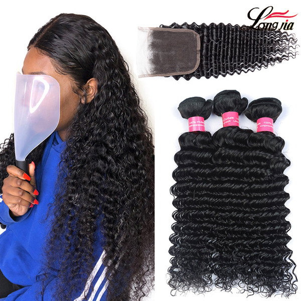 Wholseale Brazilian Deep wave Hair 3 Bundles With Closure 8A Brazilian human hair With 4x4 Closure Unprocessed Brazilain deep Hair extension