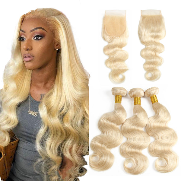 Brazilian Body Wave 613 Blonde hair Human hair bundles with lace Closure 4X4 Free Part Body wave Virgin human hair extension