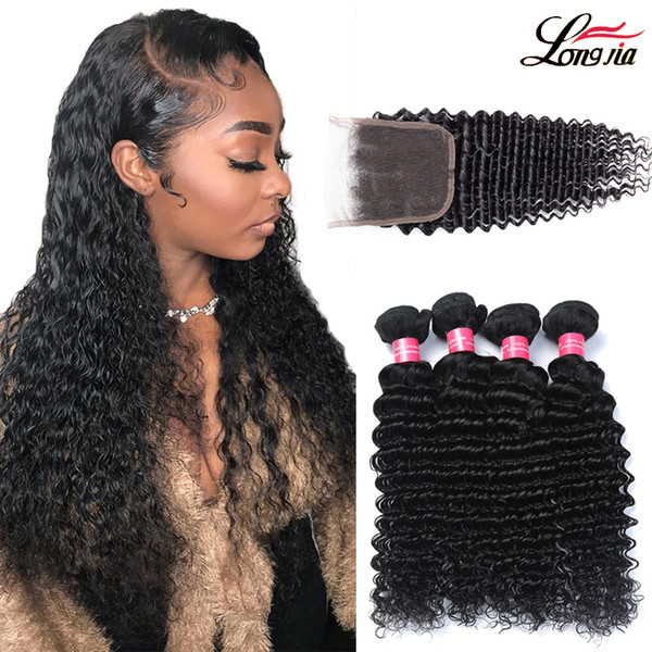 Deep Wave With Closure human Hair Bundles with 4x4 Lace Closure Brazilian hair lace closure with bundle Unprocessed Human Hair Extension
