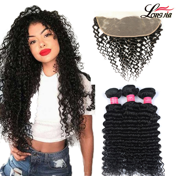 Peruvian Deep Wave Bundles With Frontal Ear To Ear Lace Frontal With Bundles Peruvian Human Hair 3/4 Bundles With Closure