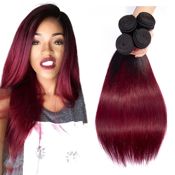 Pre-colored 1b/burgundy straight Virgin hair Weaving Ombre human hair 3/4 bundles Brazilian Straight human hair extension