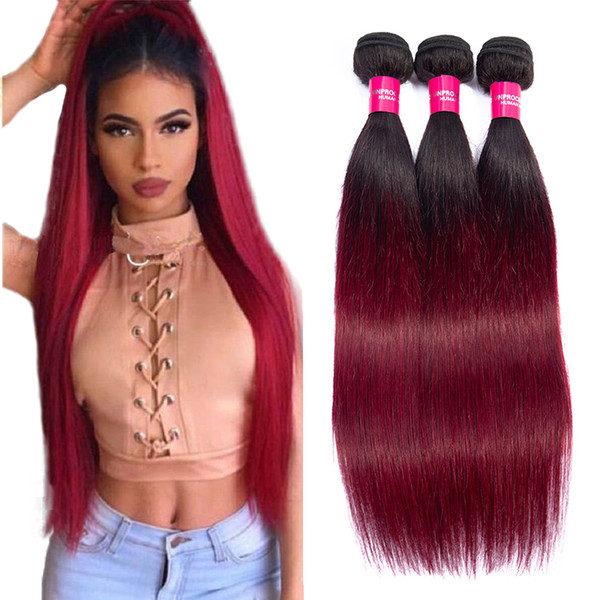 Two tone 1b/burgundy Human hair Weaving Ombre human hair 3/4 bundles Malaysian Straight Virgin hair weft