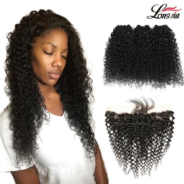 kinky curly hair with lace frontal closure 13*4 ear to ear lace frontal with 3/4 bundles Peruvian curly human hair extension
