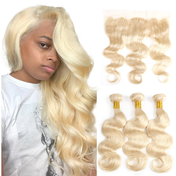 Blond body wave virgin hair human hair bundles with 13*4 frontal closure Brazilian Hair Weave Bundles 613 body wave with lace frontal
