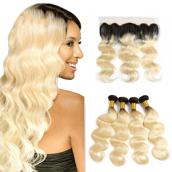 ombre 1b/613 body wave hair with lace frontal Peruvian human hair bundles with frontal 13*4 blond body wave human hair extension