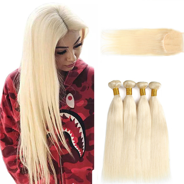 Pure 613 Peruvian Straight Blonde hair Lace Closure Straight human hair bundles with lace Closure Straight Virgin human hair extension