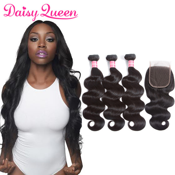 Indian Hair Body Wave 3 Bundles With 4x4 Lace Closure Unprocessed Human Hair Weave Extensions Wholesale Raw Indian Virgin Hair With Closure