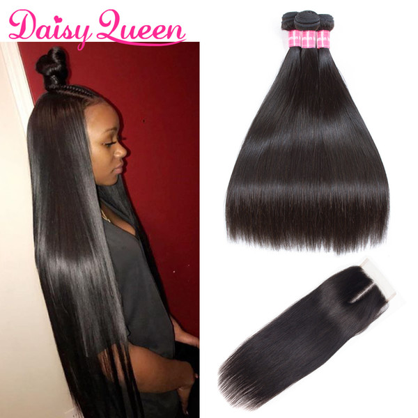 10A Cheap Brazilian Straight Hair Weave Bundles with Closure 4 Pcs/Lot Virgin Human Hair 3 Bundles with Lace Closure Natural Color