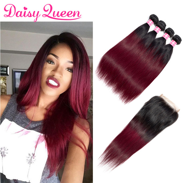 Ombre Burgundy Straight Human Hair 4 Bundles With Lace Closure 4*4 TB/99J Ombre Brazilian Hair Bundles With Closure Remy Weaves Extensions