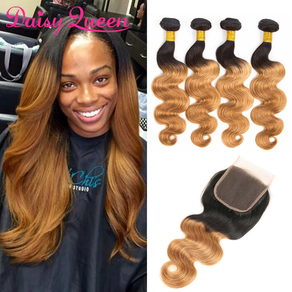 Ombre Brazilian Body Wave Bundles With Lace Closure Human Hair 4 Bundles With Closure 1B/27 Brazilian Virgin Hair Body Wave With Closure