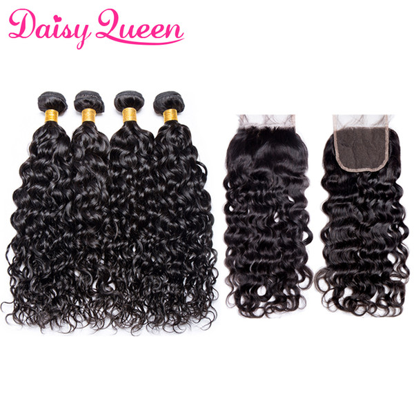 10A Cheap Water Wave Human Hair Extensiosns With Lace Closure Malaysian Virgin Hair Weave 4 Bundles With Closure Wholesale Indian Water Wave