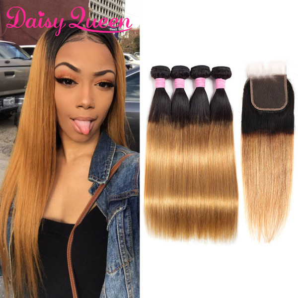 Ombre Brazilian Straight Hair 4 Bundles With Lace Closure Human Hair Bundles With Closure 1B/27 Brazilian Virgin Hair Straight With Closure