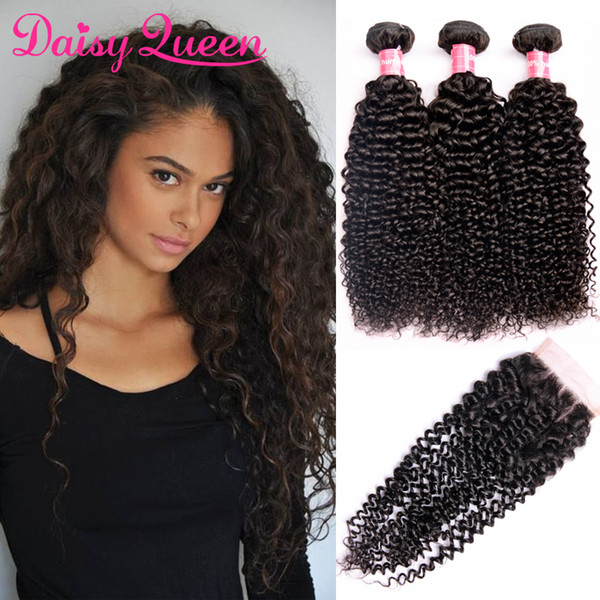 Virgin Curly Weave Human Hair With Closure 4PCS Brazilian Virgin Hair Weave Bundles with Closure Swiss Lace Hair 