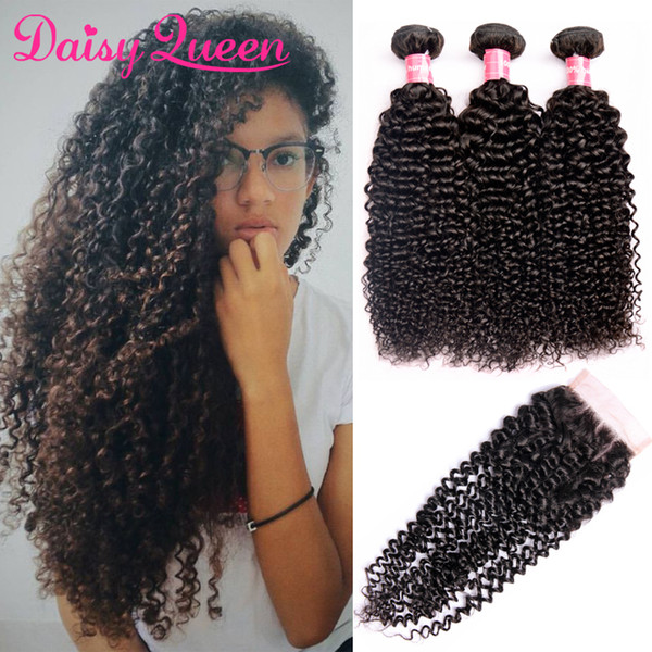 8A Cheap Brazilian Curly Bundles With 4*4 Lace Closure Virgin Hair Bundles With Closure Natural Color Virgin Human Hair Weave