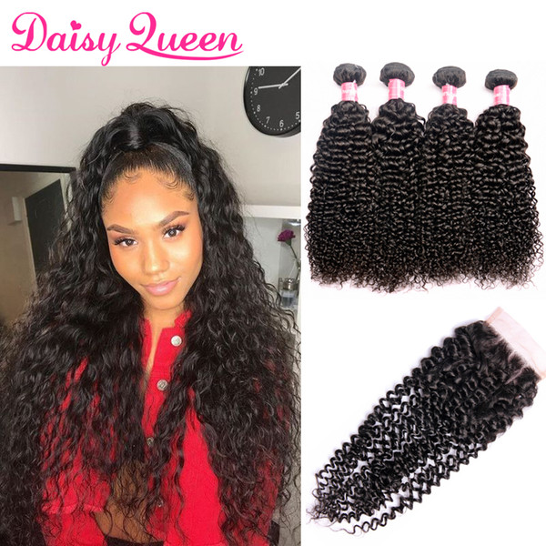 100% Human Hair Extensions Indian Kinkly Curly Natural Color 4 Bundles With Closure Unprocessed Brazilian Hair