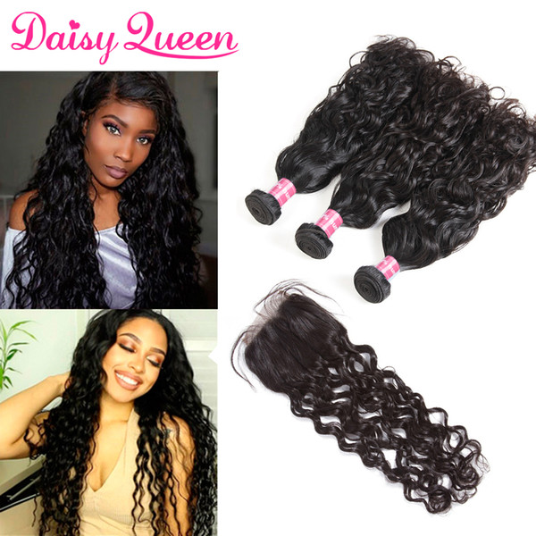 Top Quality Malaysian Water Wave Bundles With Closure Human Hair Bundles With Lace Closure Remy Hair Extensions Closure With Bundles