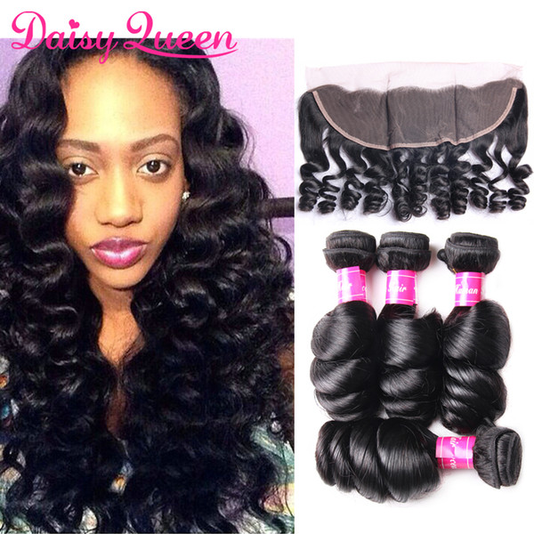 8A Brazilian Loose Wave Human Hair 4 Bundles With Lace Frontal Closure Peruvian Brazilian Virgin Hair Weave Bundles Curly Hair Extension