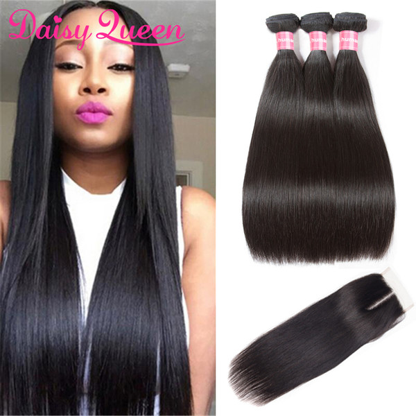 Straight Hair Bundles With 4x4 Lace Closure 8A Brazilian Virgin Hair 3 Bundles With Closure Brazilian Human Hair Weave Bundles With Closure