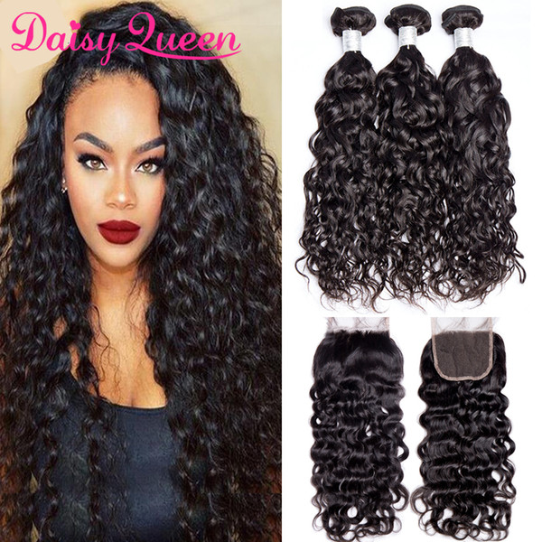 Cheap 8A Brazilian Water Wave Hair 3 Bundles With Closure Peruvian Natural Wave Hair With Closure Malaysian Wet Wavy Human Hair Extensions