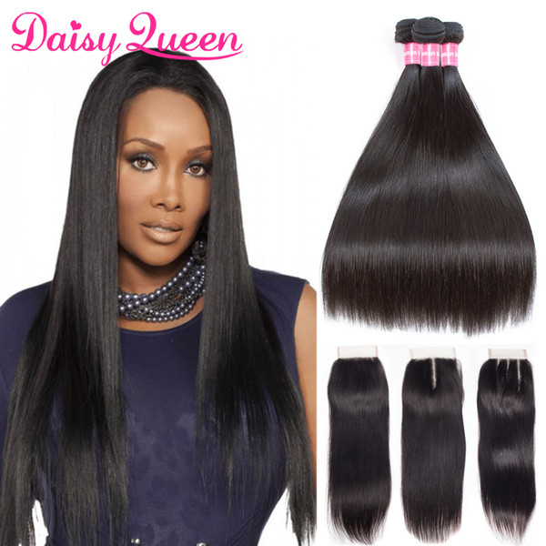 8A Cheap Brazilian Straight Hair Weave Bundles with Closure Natural Black Unprecessed Human Hair 3 Bundles with Lace Closure 