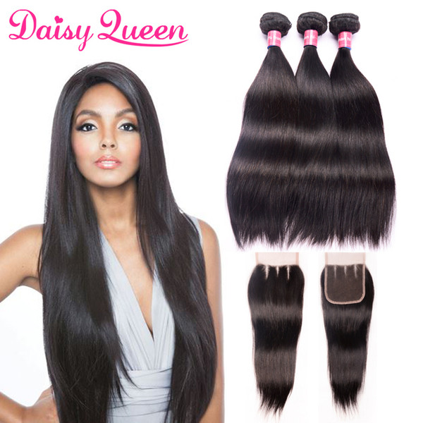 8A Malaysian Straight Human Hair Bundles with Lace Closure Malaysian Virgin Hair With Closure Peruvian Indian Brazilian Hair Weave Bundles