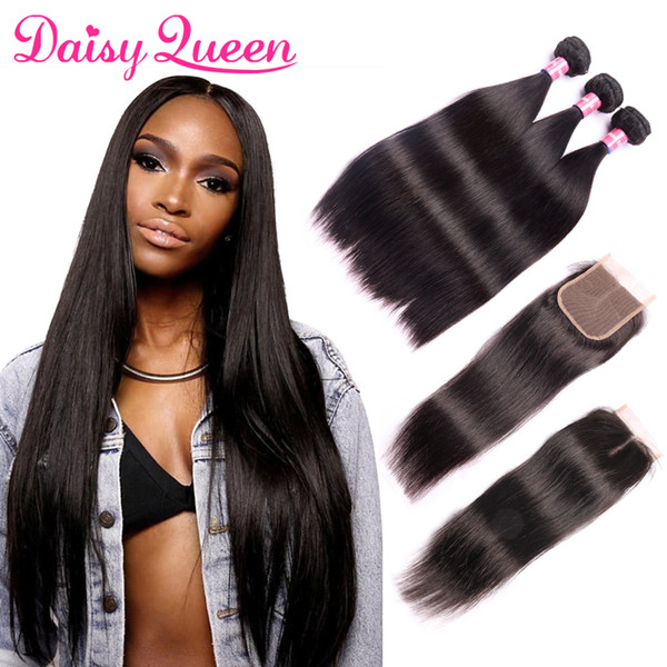 Peruvian Straight Virgin Hair Weaves 3 Bundles with Lace Closures Grade 8A Unprocessed Malaysian Indian Brazilian Remy Human Hair Extensions