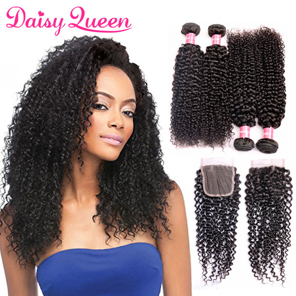 Wholeslae 8A Brazilian Peruvian Indian Mongolian Malaysian Kinky Curly Virgin Hair Weaves 100% Remy Human Hair 4 Bundles With Lace Closure