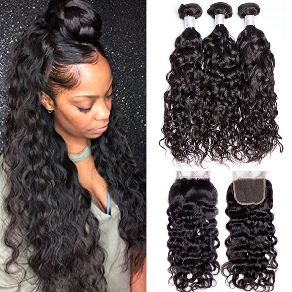 Wholesale Water Wave Bundles With Closure Peruvian 3 Bundles Human Hair Weave With Lace Closure 8A Cheap Peruvian Hair Bundles With Closure