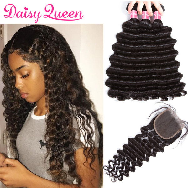 Indian Loose Deep Wave 3 Bundles with Closure 100% Human Hair Extensions 8A Unprocessed Indian Virgin hair Loose Deep with 4x4 Lace Closure