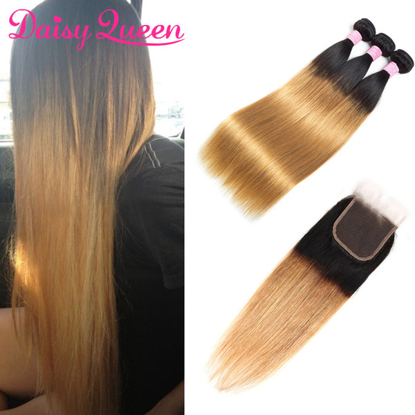 Ombre Human Hair Brazilian Straight Hair 3 Bundles With Closure Brazilian Hair Weave Bundles With Lace Closure 1B/27 Virgin Human Extensions