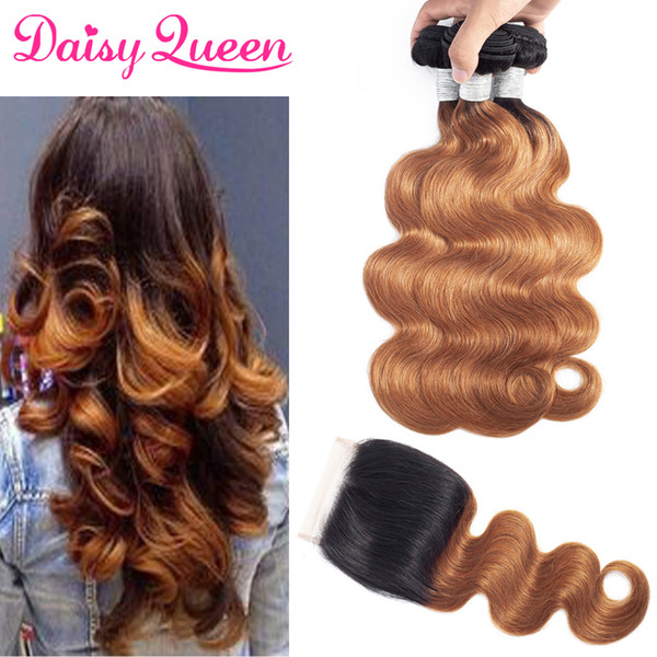 Ombre Brazilian Body Wave Human Hair Bundles with Lace Closure Free Part 8A Peruvian Indian Remy Hair 3 Bundles with Closure T1B/30