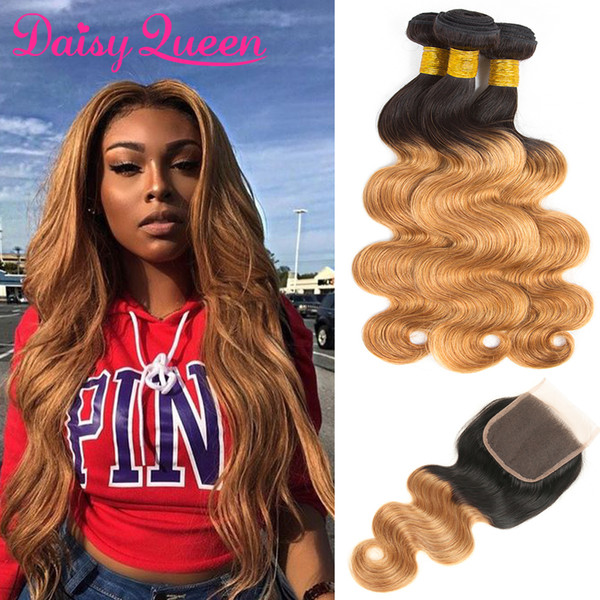 Ombre Body Wave Bundles With Closure 8A Brazilian Virgin Hair 3 Bundles With Lace Closure Body Wave Human Hair Weave Bundles With Closure