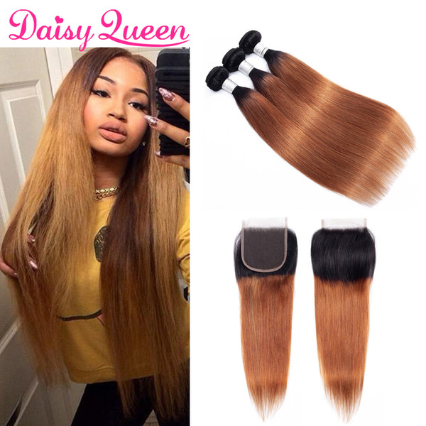 Ombre T1B/30 Brazilian Straight Hair Bundles with Closure Peruvian Indian Virgin Straight Human Hair Weave 3 Bundles with 4x4 Lace Closure