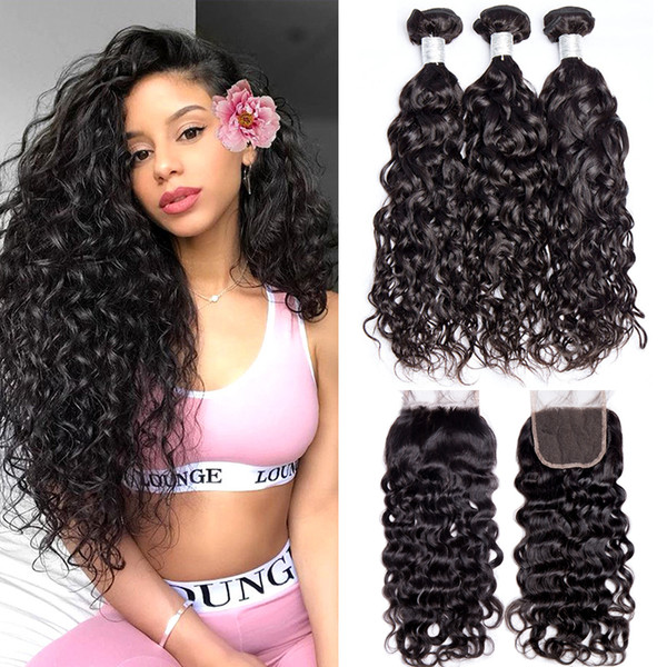 Brazilian Water Wave With Closure 8A Unprocessed Wet and Wavy Hair Bundles With Lace Closure Brazilian Natrual Wave Human Hair Extensions